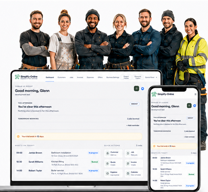 Tradespeople with Simplify Online shown on laptop and phone with an active jobs list
